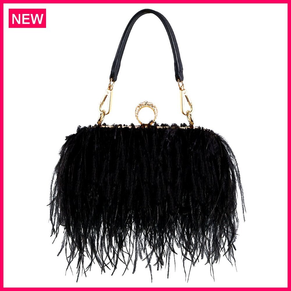 Ostrich Feather Evening Clutch Bag with Chain, 7.1 Inch, Wedding Party Purse